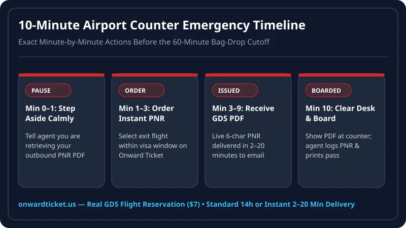 10-minute airport emergency playbook timeline showing how to resolve a denied boarding onward ticket hold at check-in